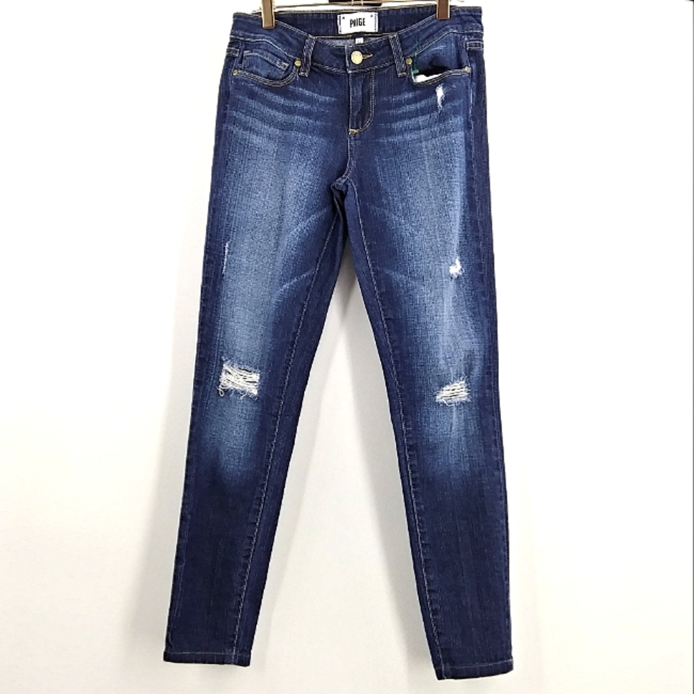 PAIGE Verdugo Ultra Skinny Distressed Dark Wash Ripped Ankle Length Blue Jeans